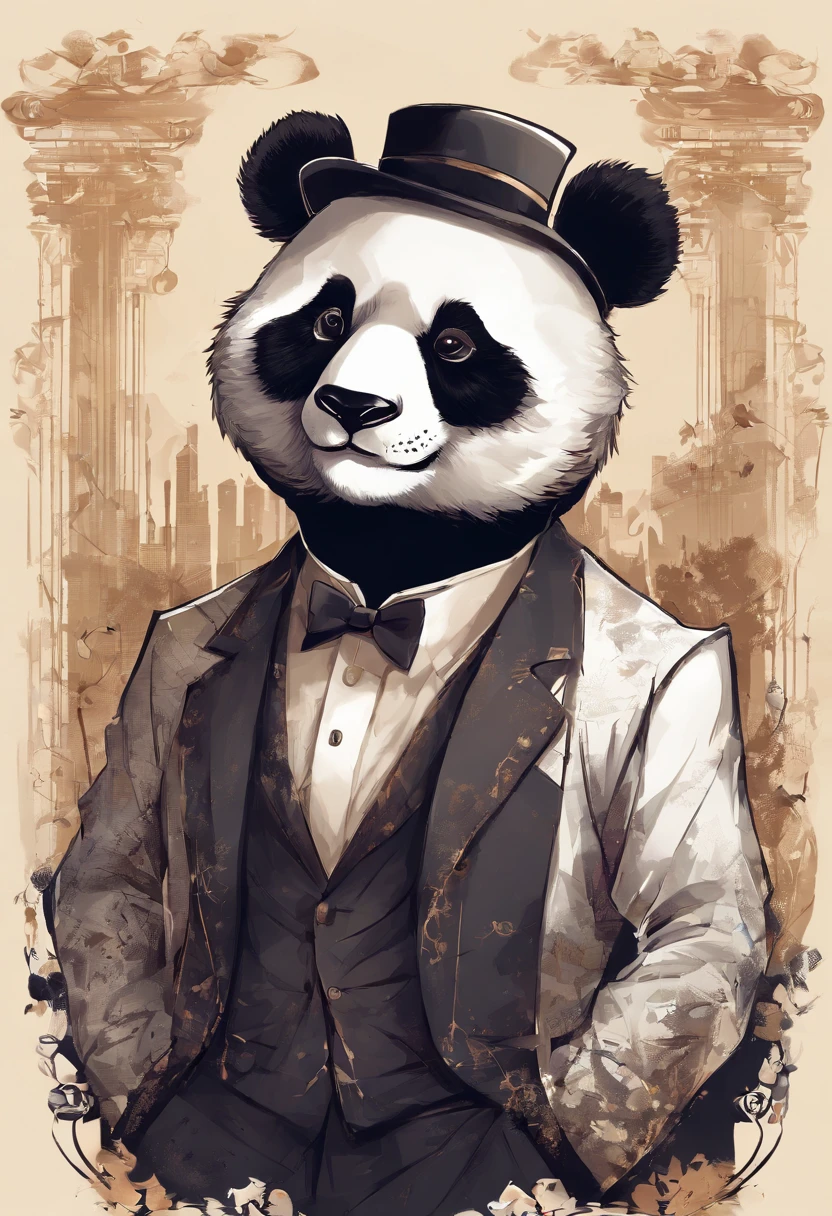 anthropomorphic panda, de cuerpo entero, vestido formalmente con un blazer, sostiene una bandeja, pegatina de panda, sticker de panda.