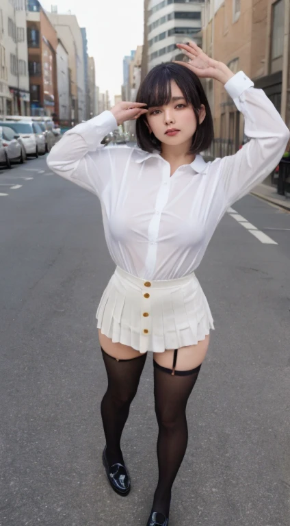 (8k, 超A high resolution, highest quality, Tabletop:1.2),(18-year-old:1.2)、(avert your eyes)、8k、RAW portrait of a Japanese girl、Photorealistic、超A high resolution、highest quality、 (Huge breasts、Button up all your shirts:1.4)(school uniform、Pure white dress shirt、Check pleated mini skirt:1.35)、(On the street:1.2) break (Natural skin texture、Fine skin、Hyperrealism、Ultra Sharpness)、Intricate details、Written boundary depth(Please wear a white shirt under the skirt:1.3)、Show me your armpits、Navy Check Pleated Micro Mini Skirt(Black short bob、Thong、Black Loafers、Black Stockings:1.2)、((Sexual seduction pose:1.5))、((Panties:1.5))、