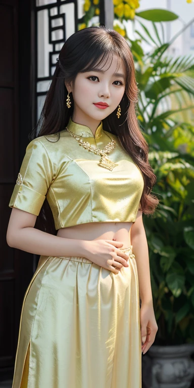 Beautiful girl: Asia, cute, beautiful lộng lẫy, serpentine;
age: 20 years old;
hair: copper orange color, smooth, lung linh dưới sunlight, rất detail;
skin bath: milk white, rosy and flawless;
eye: jet black, ((thực tế)), almond shaped, oil, youthful, trong trẻo, siêu detail, elegant, charming, vivid makeup, high solution, ((captivates viewers) );
mí eye: delicate, Perfect Beauty;
eyebrow: cong, dear, high solution;
face: beautiful, pure, beautiful like a fairy, Exquisite makeup, lovely, Perfect balance, đẹp đến từng detail, đường nét delicate, ((có hình xăm));
nose: xinh, lovely, cao;
cheekbone: prominent;
lip: charming, light red lipstick, son bóng lovely;
răng: pha lê face trăng;
sword: vũ sword, deep cleft, toning, phù hợp với clothing vũ, núm vú nose ra;
clothing lót: Red tươi, yellow paint, metal;
Body shape: charming, charming, full of youth;
accessory: ruby necklace, bông tai ruby;
clothing: silk fabric, Red, white silk belt, ((exposing the belly));
trang phục: tight, ((profound))), tôn giclothing;
underwear: Red tươi, ((thêu bằng sợi metal)).
Fashion style: high class female, Modern 2024, luxurious;
Image quality: non-NSFW, 8K CG HD, high solution, Super nice graphics, professional, detail, vivid colors, super super, advanced techniques, Super realistic RAW;
light: luxurious, preview, Complicated, black and yellow tones;
sunlight: exploit, illuminate the girl&#39;s body;
view: xứ sở thần tiên, colorful flower garden.
(((Ảnh tập trung khuôn face cô gái, surreal, siêu detail, làm prominent các góc cạnh dưới sunlight hào quang))).