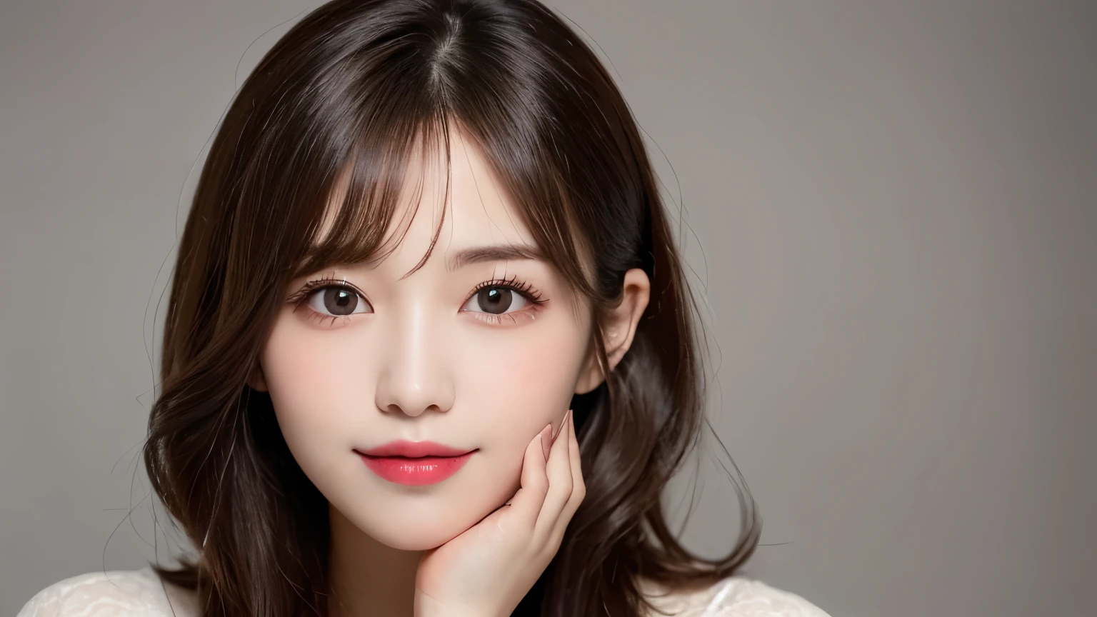 on the table, best quality, shape, Ultra Detailed, Finely, high resolution, 8k wallpaper, 完璧なダイナミックな構shape, Beautiful and delicate eyes, Medium Length Hair, Small Breasts, Natural lipstick, Casual sexy pose,Smile,20 year old girl、midnight、Beautiful and detailed face、Perfect beautiful face,big eyes、original photo、Use the whole body to express the feminine posture、Beautiful and delicate eyes、Small face、Beautiful duplex、Facelift and style,skirt、Beautiful golden ratio face,Long hair