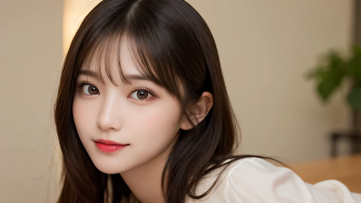 on the table, best quality, shape, Ultra Detailed, Finely, high resolution, 8k wallpaper, 完璧なダイナミックな構shape, Beautiful and delicate eyes, Medium Length Hair, Small Breasts, Natural lipstick, Casual sexy pose,Smile,20 year old girl、midnight、Beautiful and detailed face、Perfect beautiful face,big eyes、original photo、Use the whole body to express the feminine posture、Beautiful and delicate eyes、Small face、Beautiful duplex、Facelift and style,skirt、Beautiful golden ratio face,Long hair