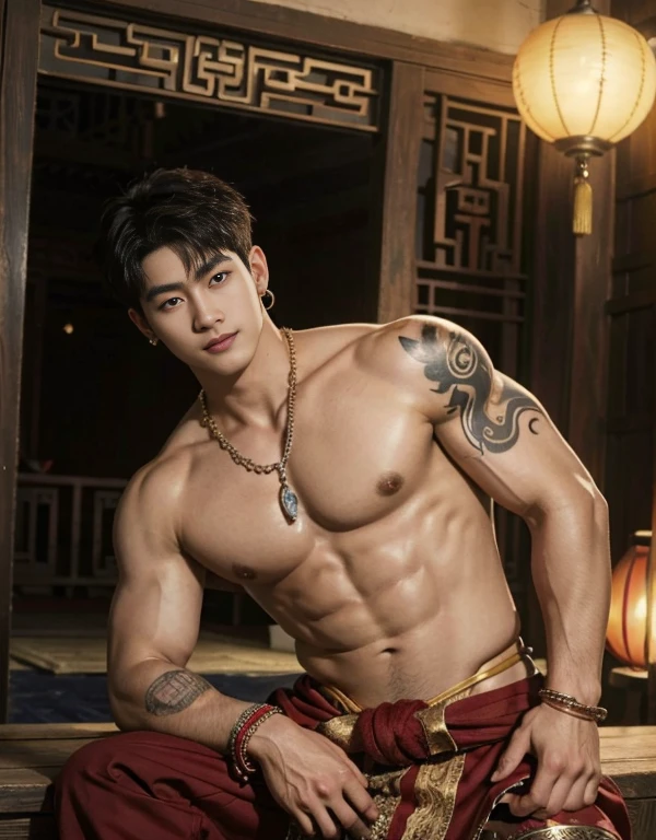 handsome boy tibetan , naked, smiling, catching eyes , Chinese Men God, Mythology, realistic, Chinese odyssy, super Handsome,manly,  kpop idol, handsome korean actor, 20 years old,, detailed face, manly jawline, manly chin, detailed mess curly styling hair,  Topless, Muscles, big chest Athlete body, Full Frame,full body shoots, Sexy, realistic, human skin, tattoo breast, Professional studio Lighting, long red tibetan Outfit, jade and golden pendent all over , detailed jewery in dress, earings,Chinese ancient tibetan temple Background,out door, super detailed background,look at camera ,  open mouth,  sexy loincloth Underwear, super long big dick , perfect flawless dick, tibetan Warrior, Hanfu  red wedding dress,  tibetan Male, tibet Nobel, Seduce , bare chest , tattoo chest, tattoo arms, tattoo hands, tattoo back, tattoo legs , detailed  buddism tattoos, big juicy butts, bare butts