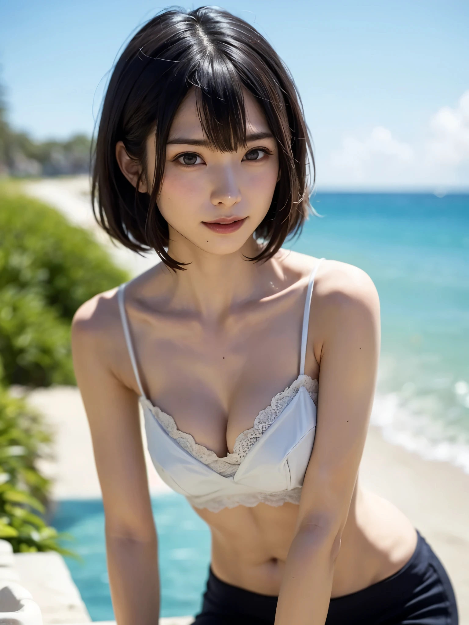 1 girl、highest quality、Realistic、alone、Written boundary depth、Natural soft light、Daytime、Charm、Beautiful Face、Cleanliness、Pure Face、White skin、cute、short hair、prohibit、Beach、Light of the sun、Nedium Breast Body Esbian、((セーターを着たBeautiful Faceの黄金比 対称性のあるBeautiful Face))、Long neck、Listen carefully、prohibitのあるきれいな短いボブヘア、Laugh with your mouth closed、Perfect hands指、Perfect hands、Perfect body、Perfect Face、Shine a light into your eyes、Perfect Anatomy:1.4、とてもcuteスーパーモデル:1.4