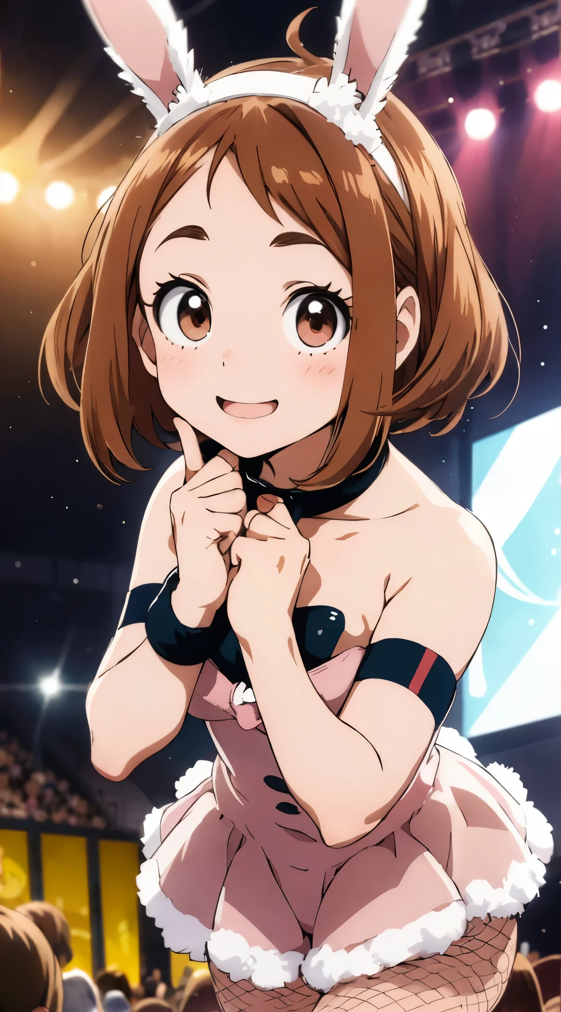 Ochako_Uraraka, One girl, 一人in, blush_Stickers, Looking_in_Audience, A light smile, Are standing, cloudy_null, (bunny), strapless leotard, Fishnet tights, bunny ears, Detachable collar, Wrist cuff, High heels, Very detailed, masterpiece, High resolution, illustrinion