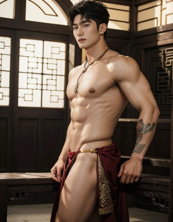 handsome boy tibetan , naked, smiling, catching eyes , Chinese Men God, Mythology, realistic, Chinese odyssy, super Handsome,manly, kpop idol, handsome korean actor, 20 years old,, detailed face, manly jawline, manly chin, detailed mess curly styling hair, Topless, Muscles, big chest Athlete body, Full Frame,full body shoots, Sexy, realistic, human skin, tattoo breast, Professional studio Lighting, long red tibetan Outfit, jade and golden pendent all over , detailed jewery in dress, earings,Chinese ancient tibetan temple Background,out door, super detailed background,look at camera , open mouth,naked, sexy loincloth Underwear, super long big dick , perfect flawless dick, tibetan Warrior, Hanfu red wedding dress, tibetan Male, tibet Nobel, Seduce , bare chest , tattoo chest, tattoo arms, tattoo hands, tattoo back, tattoo legs , detailed buddism tattoos, big juicy butts, bare butts