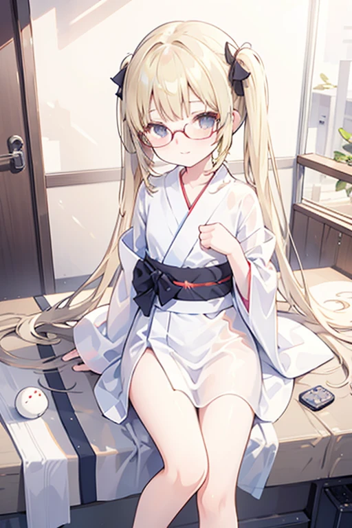 girl friend,micro yukata,Blonde twin tails,Clothes are see-through, ((younger sister:1.5)),Glasses,Flat Chest,