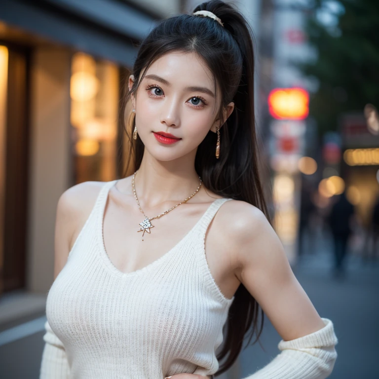 Urban beautiful girl college student, masterpiece, light makeup, red lips, messy black long hair, street background, beautiful, elegant. super fine details, master works, authentic texture, cinematic lighting realism, exquisite features, blue eyes、japanese idol、Beautiful Face、cute smile、hair、ponytail、glamorous、 big breasts、erect nipples、Oily muscle、shiny skin、tanned skin、Sexy knitted sweaters, bright big eyes, smooth skin, earrings, jade necklace,