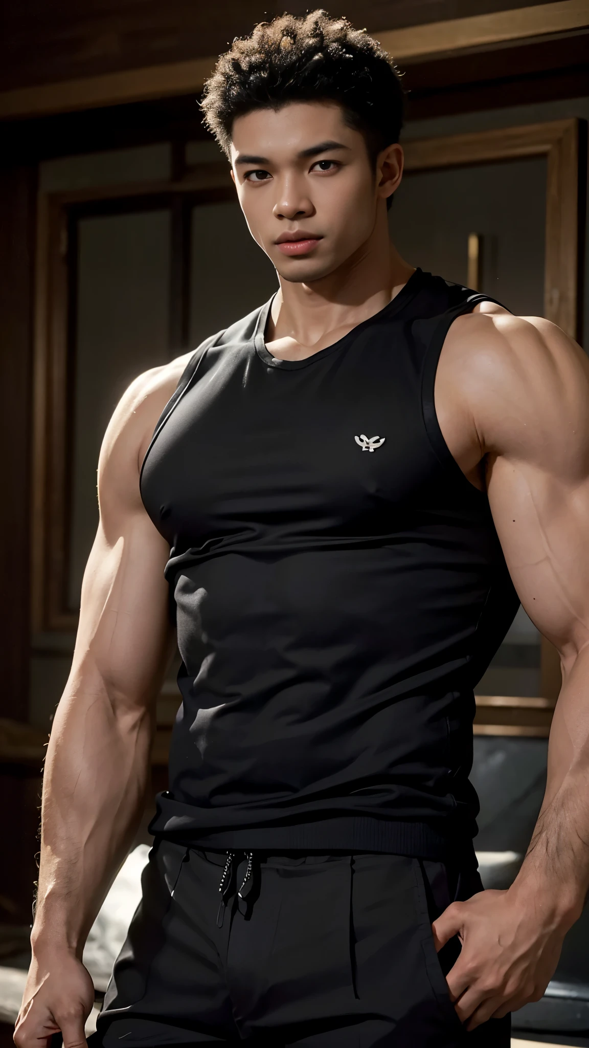in a dimly lit environment、The whole body of an African boy is drawn in anime style.、His sharp claws and muscular build give him an aura of raw strength.。An African tank top jacket with intricate patterns、Dressed in black pants that hugged his powerful thighs、His broad shoulders and sculpted abs are highlighted by the strong contrast of light and shadow.。 but、His face is hallowed.々In contrast to his muscular physique,、You have soft features and a warm, welcoming smile adorning your lips.。He had some faint marks on his arm.、It gives his character character and depth.、His face is unscathed、It gives off an innocent and calm vibe.