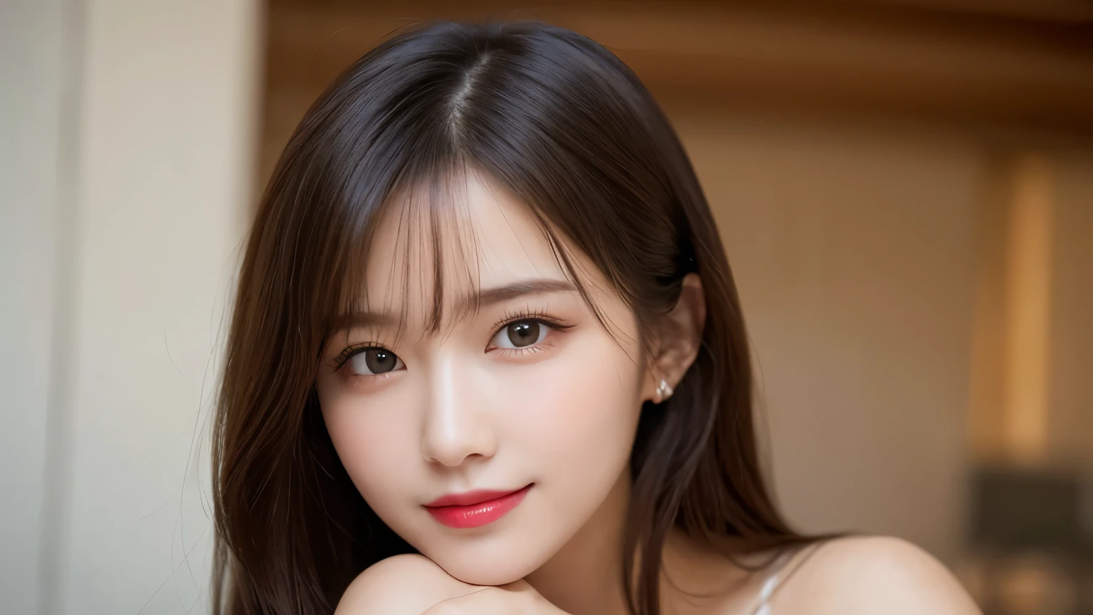 on the table, best quality, shape, Ultra Detailed, Finely, high resolution, 8k wallpaper, 完璧なダイナミックな構shape, Beautiful and delicate eyes, Medium Length Hair, Small Breasts, Natural lipstick, Casual sexy pose,Smile,20 year old girl、midnight、Beautiful and detailed face、Perfect beautiful face,big eyes、original photo、Use the whole body to express the feminine posture、Beautiful and delicate eyes、Small face、Beautiful duplex、Facelift and style,skirt、Beautiful golden ratio face,Long hair
