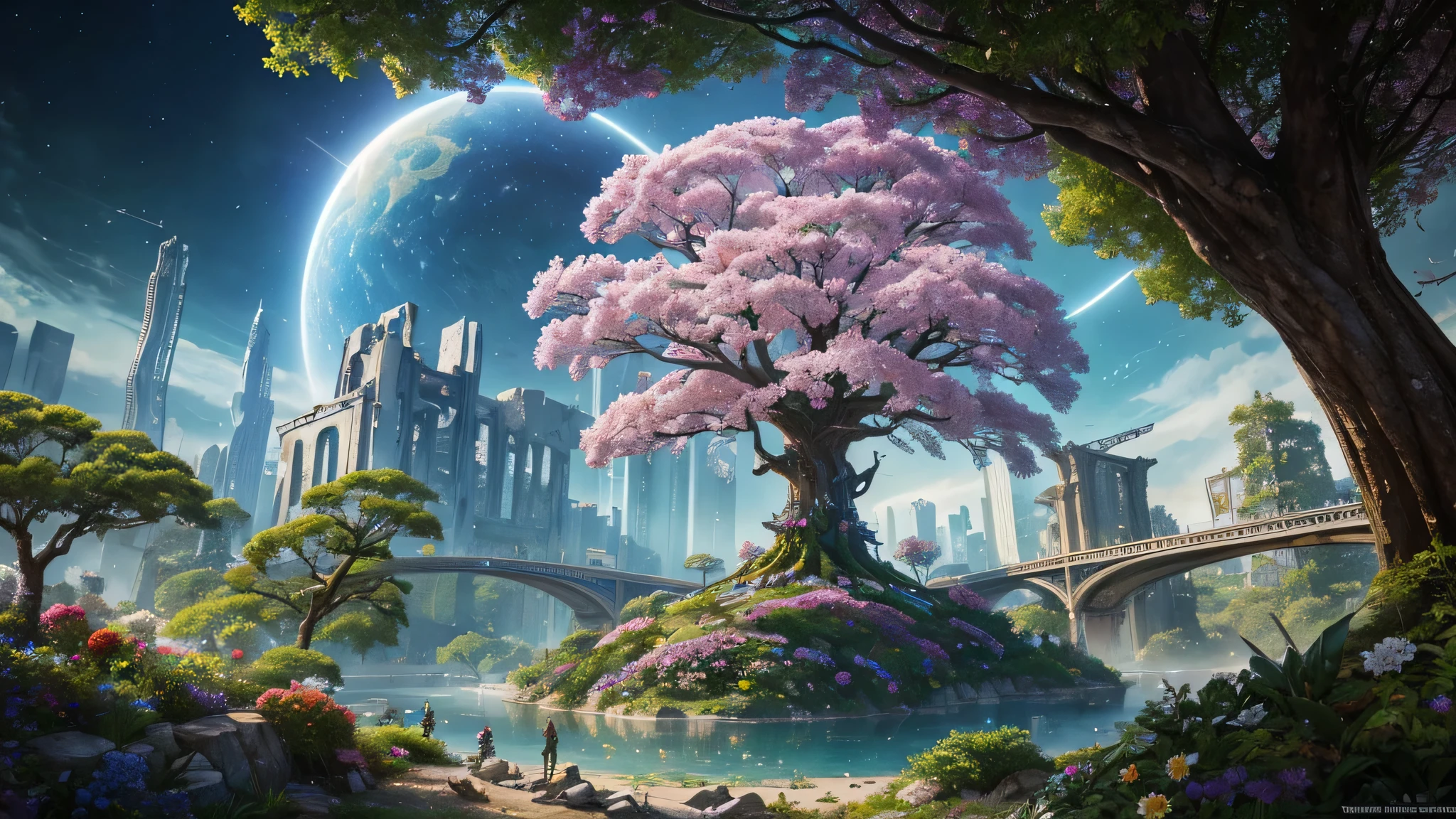 Masterpiece, robot hands a bouquet of flowers to a , mysterious, light emanates from the center, made from ruins, skyscraper, Tokyo, painting of a tree with a bridge, fantasy valley with a tree, high detailed fantasy , fantasy tree, colorful and detailed dreamscape, cosmic tree of life
