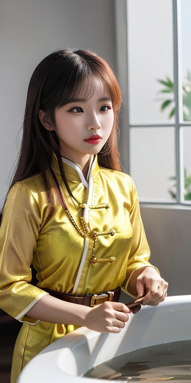 Beautiful girl: Asia, cute, beautiful lộng lẫy, serpentine;
age: 20 years old;
hair: copper orange color, smooth, lung linh dưới sunlight, rất detail;
skin bath: milk white, rosy and flawless;
eye: jet black, ((thực tế)), almond shaped, oil, youthful, trong trẻo, siêu detail, elegant, charming, vivid makeup, high solution, ((captivates viewers) );
mí eye: delicate, Perfect Beauty;
eyebrow: cong, dear, high solution;
face: beautiful, pure, beautiful like a fairy, Exquisite makeup, lovely, Perfect balance, đẹp đến từng detail, đường nét delicate, ((có hình xăm));
nose: xinh, lovely, cao;
cheekbone: prominent;
lip: charming, light red lipstick, son bóng lovely;
răng: pha lê face trăng;
sword: vũ sword, deep cleft, toning, phù hợp với clothing vũ, núm vú nose ra;
clothing lót: Red tươi, yellow paint, metal;
Body shape: charming, charming, full of youth;
accessory: ruby necklace, bông tai ruby;
clothing: silk fabric, Red, white silk belt, (cleft umbilical cord);
trang phục: tight, ((profound))), tôn giclothing;
underwear: Red tươi, ((thêu bằng sợi metal)).
Fashion style: high class female, Modern 2024, luxurious;
Image quality: non-NSFW, 8K CG HD, high solution, Super nice graphics, professional, detail, vivid colors, super super, advanced techniques, Super realistic RAW;
light: luxurious, preview, Complicated, black and yellow tones;
sunlight: exploit, illuminate the girl's body;
view: xứ sở thần tiên, colorful flower garden.
(((Ảnh tập trung khuôn face cô gái, surreal, siêu detail, làm prominent các góc cạnh dưới sunlight hào quang))).