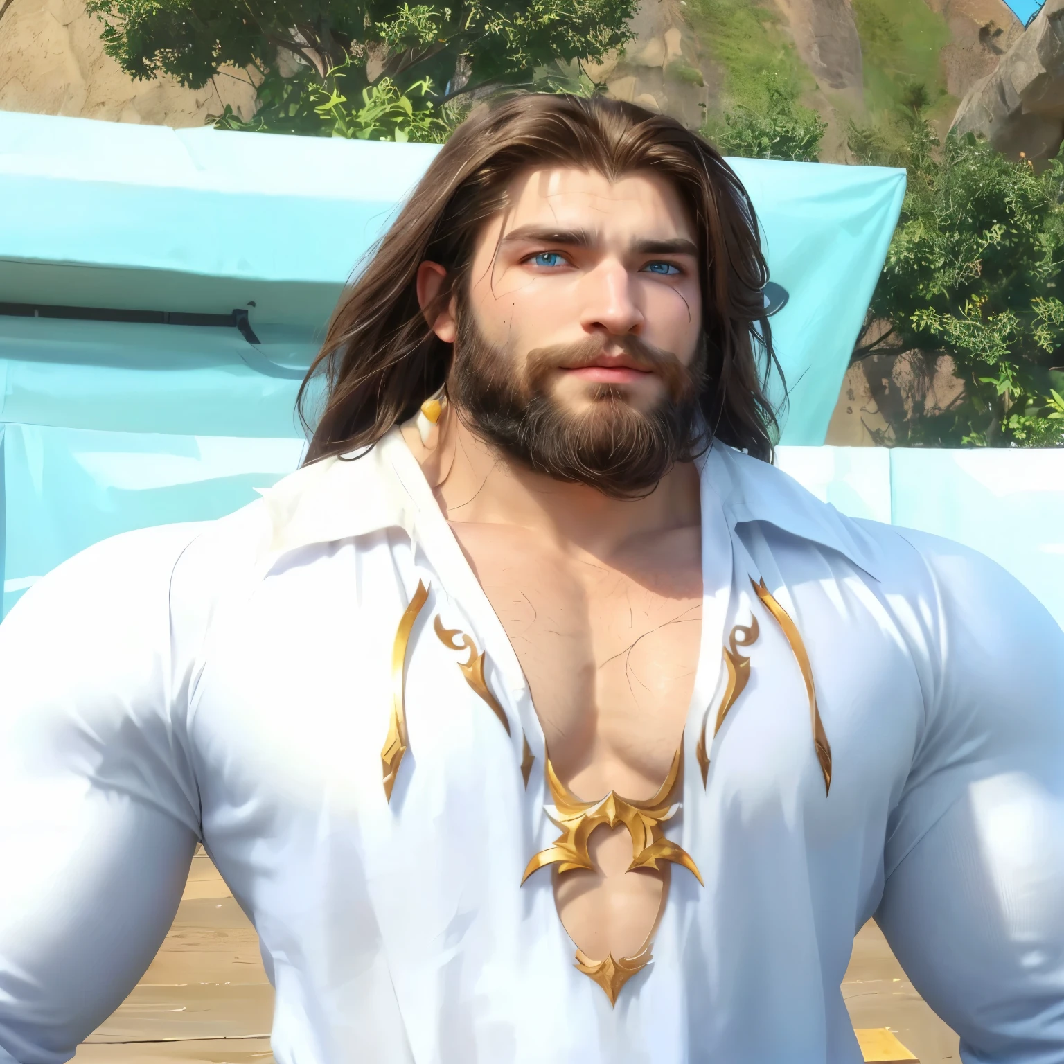man with long brown hair with beard in a white shirt, Male Paladin, de World of Warcraft, Muscular torso, scar on right eye bright blue eyes