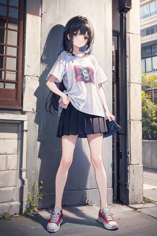 masterpiece, best quality, 1girl, 10years old, T-shirt, mini skirt, sneakers, (standing, open stance),((dripping semen from pussy))