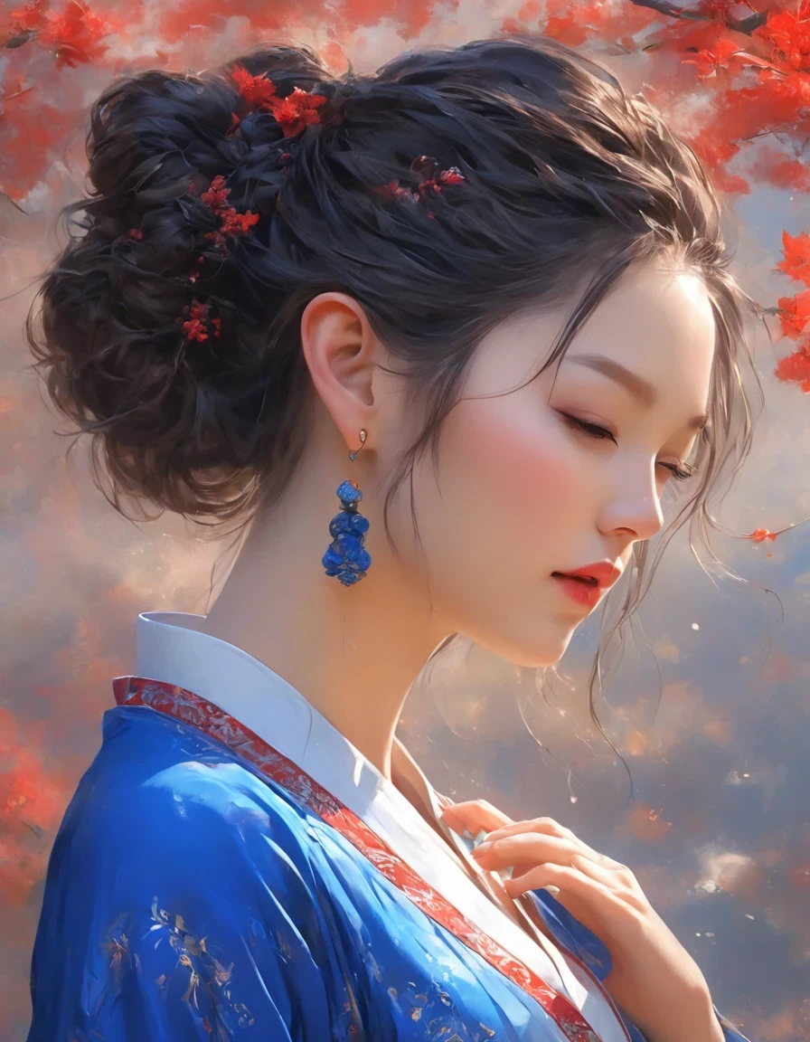 digital art of A close-up of a smiling woman wearing red and klein blue dress with her eyes closed, background: blue, exquisite digital illustration, palace, girl in hanfu, hot on cgstation, beautiful rendering of tang dynasty, beautiful digital illustration, beautiful digital art, inspired by lanying, inspired by puhua, beautiful fantasy queen, amazing digital illustration, elegant digital art, a beautiful artistic illustration,a beautiful painting by Tan Yin,Lyrical Abstraction, Ethereal Fantasy, Laser-Cut,high detail,hyper quality,high resolution,16K,depth of field (dof),Waist Shot(WS),close up,Soft illumination,