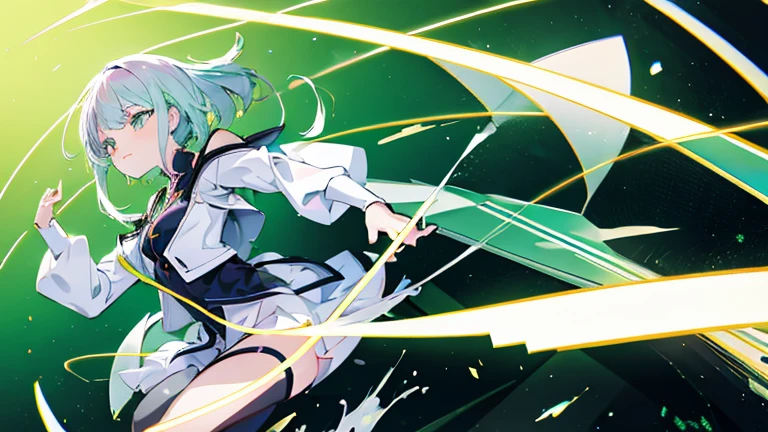 Anime Style,highest quality, masterpiece,green and white  hair,  iris,Simple Background,One Girl, fluid movement,Classic