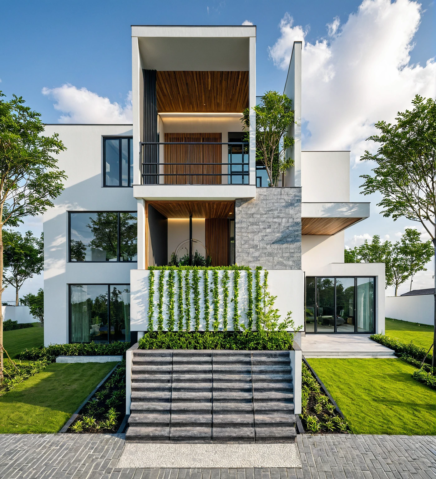 Masterpiece, high quality, best quality, authentic, super detail, outdoors, onestoreyvillaXL, aiaigroup, house style modern on the street ,stairs, white wall ,road,pavement, grass, trees, sky, cloud, (daylight:1.1)
