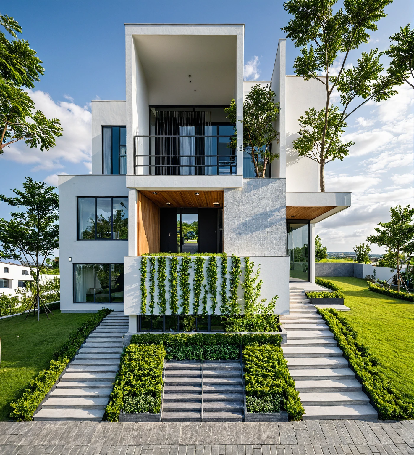 Masterpiece, high quality, best quality, authentic, super detail, outdoors, onestoreyvillaXL, aiaigroup, house style modern on the street ,stairs, white wall ,road,pavement, grass, trees, sky, cloud, (daylight:1.1)