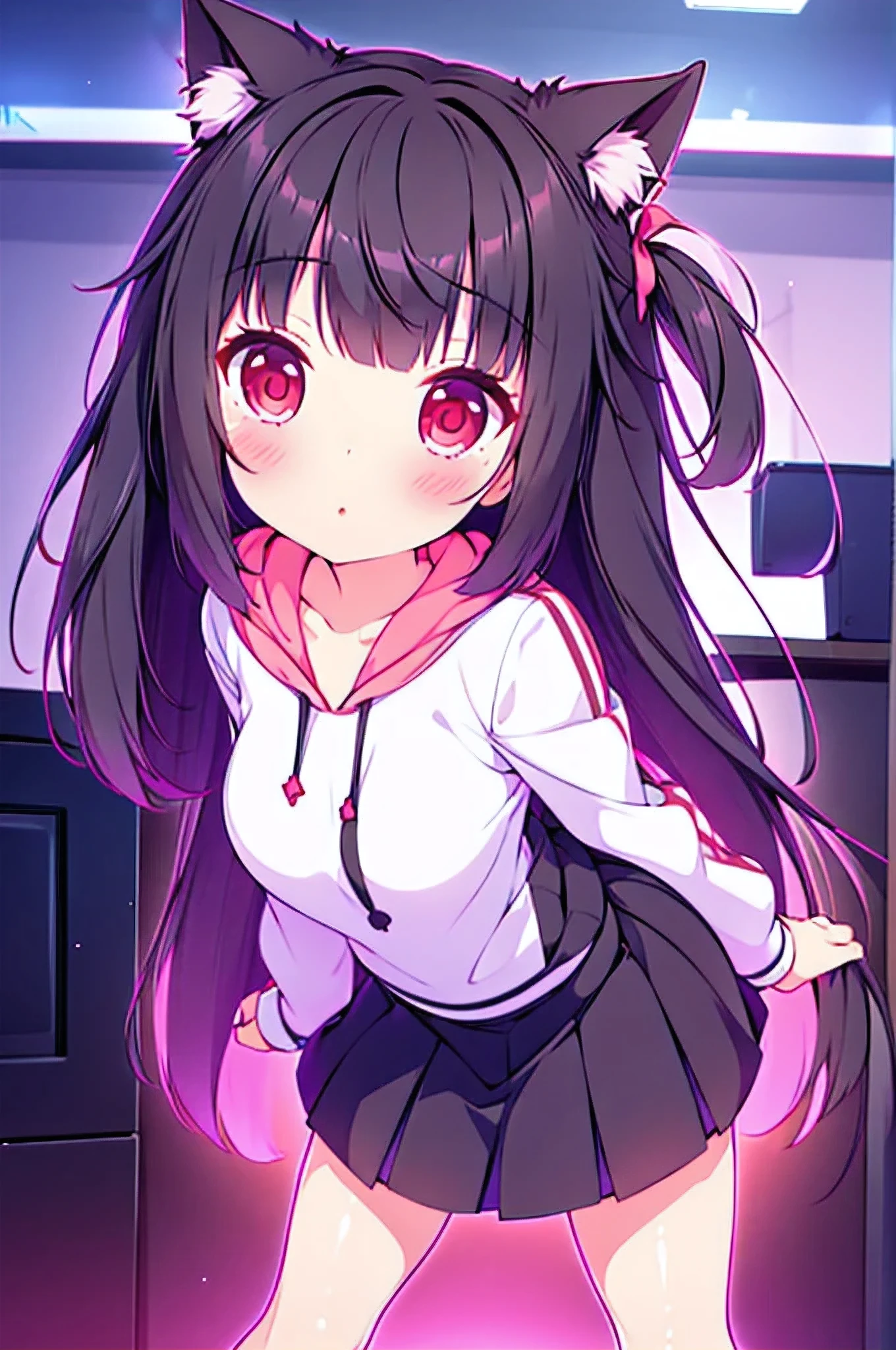 beautiful girl incredible quality 4k vtuber with red eyes black hair small breasts cat hoodie black school mini skirt skirt open legs with stocking showing pink panties in rgb gamer room