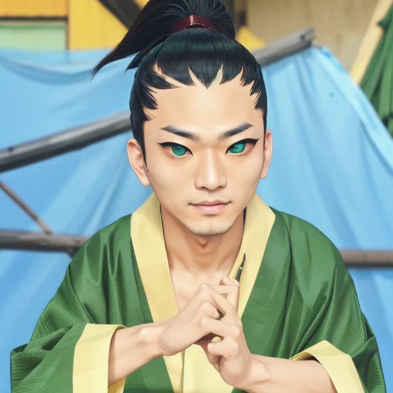 a handsome man with a ponytail on his head, nara shikadai, dark green eyes, realistic, ultra detail, 70 mm lens 