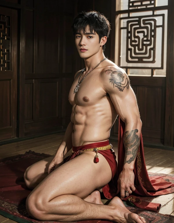 handsome boy tibetan , naked, smiling, catching eyes , Chinese Men God, Mythology, realistic, Chinese odyssy, super Handsome,manly,  kpop idol, handsome korean actor, 20 years old,, detailed face, manly jawline, manly chin, detailed mess curly styling hair,  Topless, Muscles, big chest Athlete body, Full Frame,full body shoots, Sexy, realistic, human skin, tattoo breast, Professional studio Lighting, long red tibetan Outfit, jade and golden pendent all over , detailed jewery in dress, earings,Chinese ancient tibetan temple Background,out door, super detailed background,look at camera ,  open mouth,naked,   sexy loincloth Underwear, super long big dick , perfect flawless dick, tibetan Warrior, Hanfu  red wedding dress,  tibetan Male, tibet Nobel, Seduce , bare chest , tattoo chest, tattoo arms, tattoo hands, tattoo back, tattoo legs , detailed  buddism tattoos, big juicy butts, bare butts, legs open in M shape