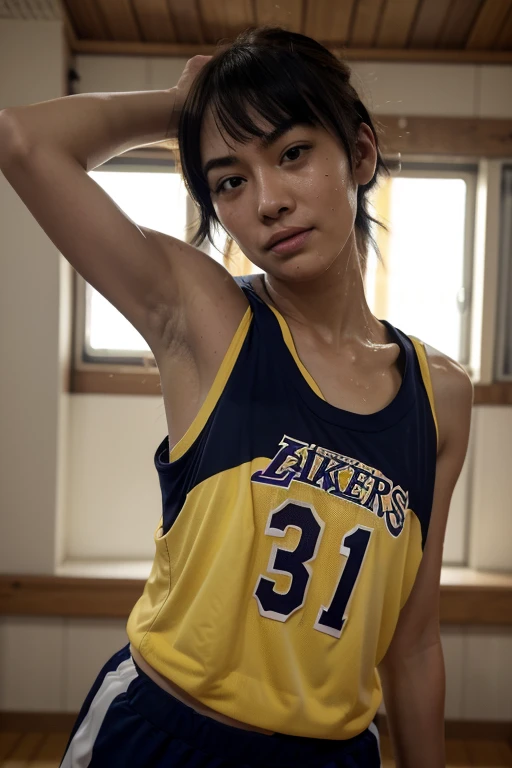 a close up of a person wearing a basketball uniform, a picture, inspired by Kentaro Miura, trending on pixiv, Soifon, Bleach, wearing yellow nba jersey, yellow croptop nba jersey, wearing a low cut croptop, wearing croptop, croptop, written "Lakers" on the croptop, golden raito, (winking), shirobako, large)}], favorite scene, fine details. anime. skins, sweating, big breasts, both hands raised, armpits, armpits visible, dripping with sweat, more more sweat, sweaty armpits, smile