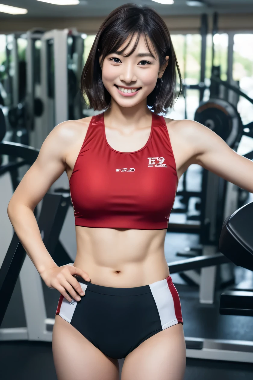 The beauty of 8K raw photos:2.0, Japanese woman, short hair, great face and dark eyes, looking down, looking at the viewer:1.5, big smile, wet hair, spread the legs wide, tiny top, (red sports wear:1.2), shinny skin, realistic:1.9, very detailed, cowboy shot from bottom:1.2, High resolution RAW color photos, professional photos, Taken at the front of gym machine, girl sexy portrait