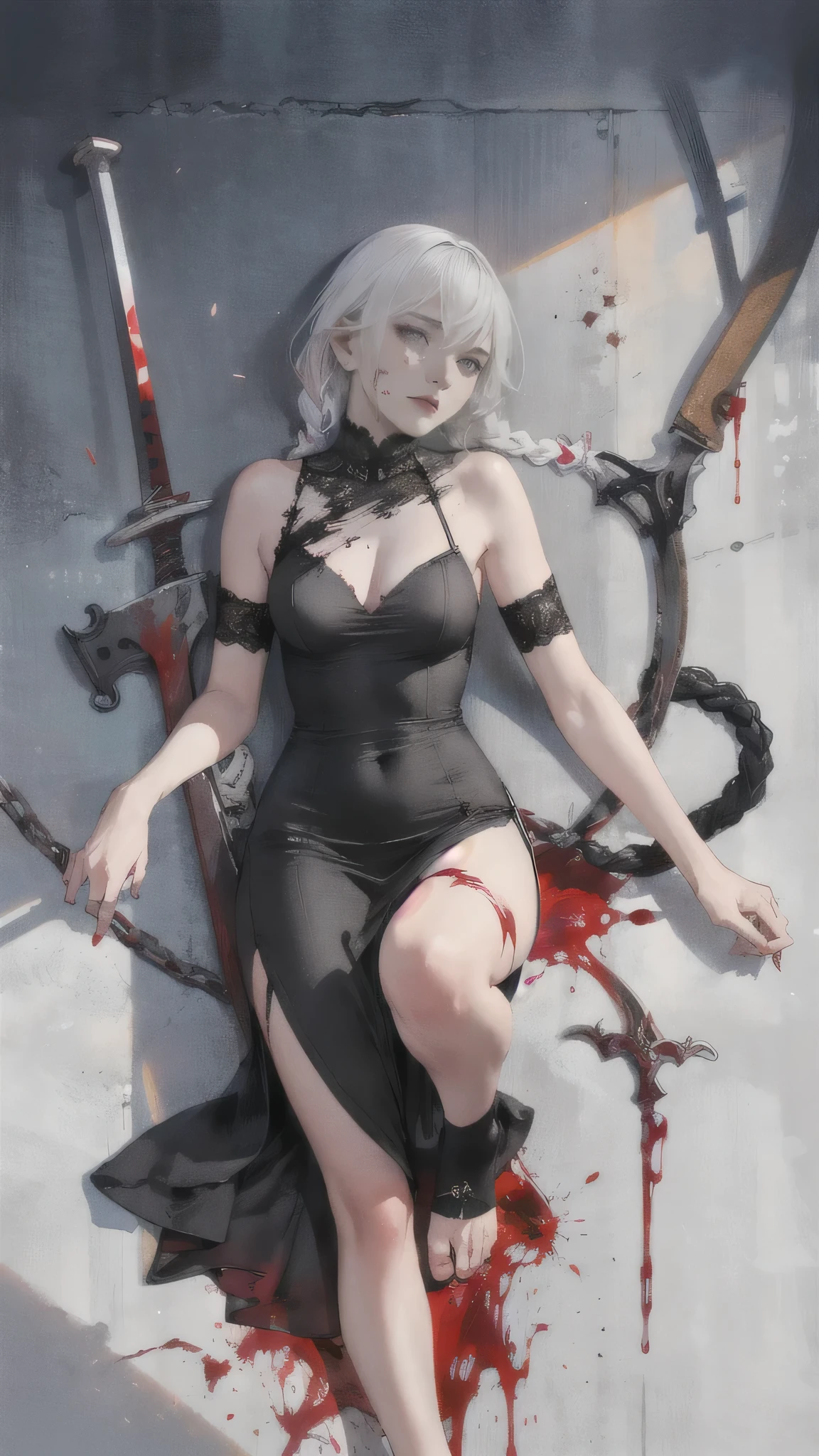 (best quality,highres,ultra-detailed:1.2),a woman with a blood-stained great sword, disheveled hairstyle, long braids, a woman with dyed white hair, 28 years old, wearing a black short-sleeved dress, lace at the hem., alluring atmosphere, charming, beautiful, blood pool at her feet, ((There was blood on my face.:0.8))