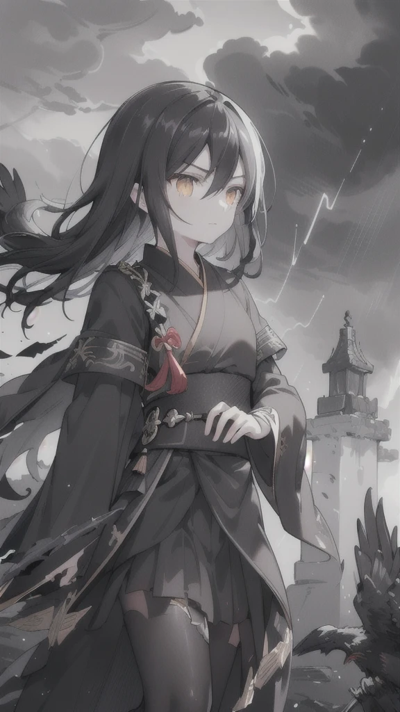 (dark hair,short black hair),(golden eyes),(black hanfu,black armor),(ink black longsword),(ravens),(high contrast,monochrome,black and white),(mystery,ominous),(stormy atmosphere,thunderstorm),(dramatic lighting),(detailed textures),(dynamic pose),(dark background)