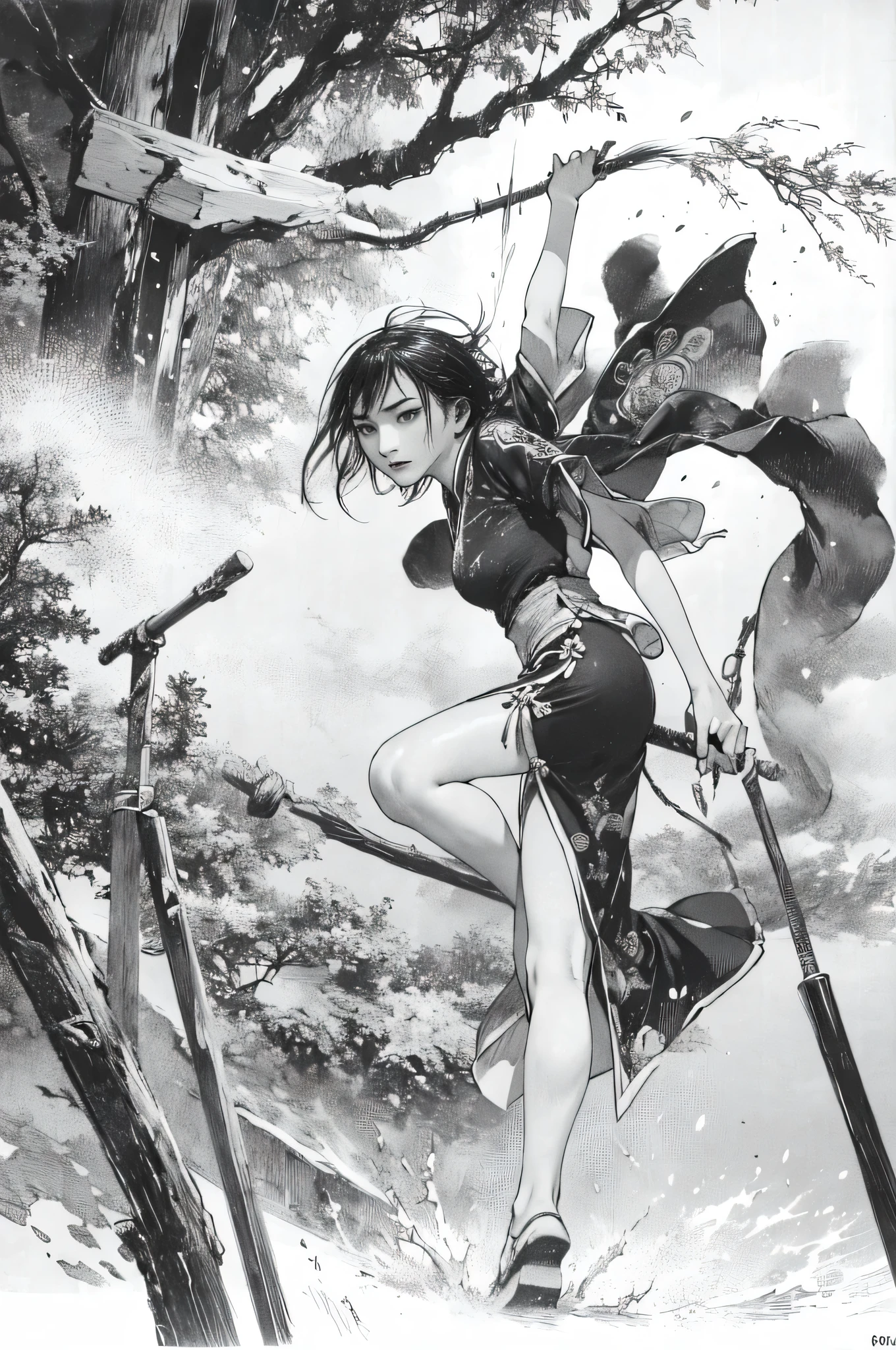 Stick Fighter, Chinese women, 22 years old, A gorgeously embroidered Chinese dress, Sensual, Disheveled Hair, Expressing agility,whole body, Leaning forward, Attacking from a crouching position,