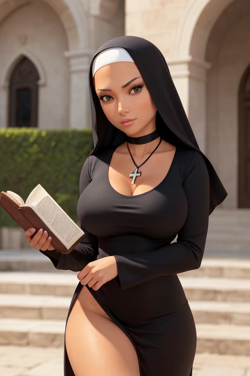 (masterpiece), best quality, expressive eyes, perfect face, (chuch courtyard background), (reading the bible), (smirk), (closeup view), (1girl, Jennifer Lopez face, latina, dark skin, tanned skin, tan, black hair, long curly haistyle, brown eyes, hourglass figure, skinny body, large breasts, huge breasts, oppai, wide hips, thick thighs, nun, black long dress, long sleeve, white neck choker, black stockings, black heels, cross necklace),
