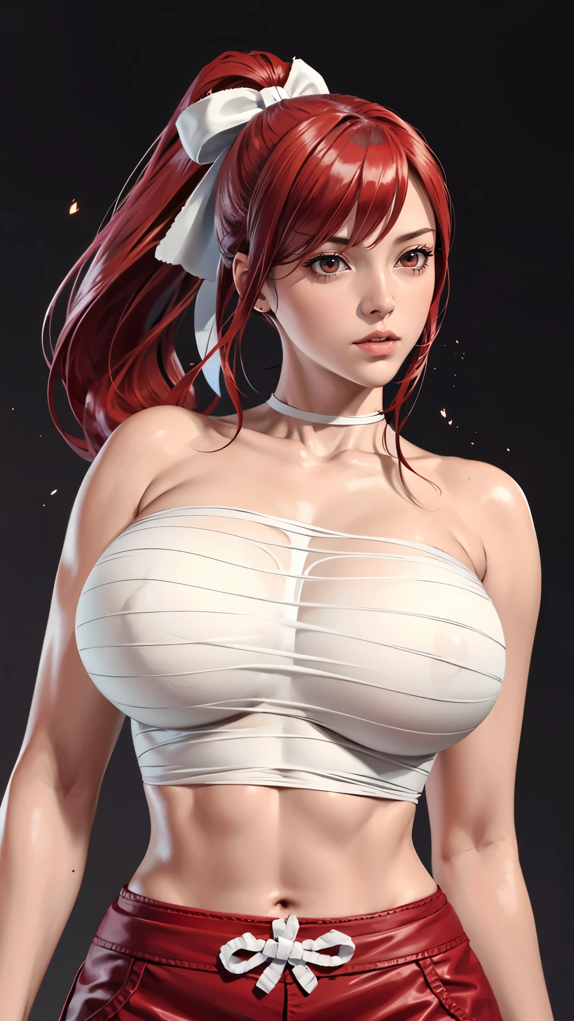 （（（完美figure，figure，solo， （（（collarbone, chest sarashi, bandage, bare arms, midriff, red hakama, red pants ））），（（（fairy tail, long hair, red hair, ponytail, white ribbon, hair over one eye, brown eyes, ））），((masterpiece)),high resolution, ((Best quality at best))，masterpiece，quality，Best quality，（（（ Exquisite facial features，Looking at the audience,There is light in the eyes，(（（lol，confidence））)，））），型figure:1.7））），（（（Light and shadow，Huge breasts））），（（（Looking at the camera，black background，）））