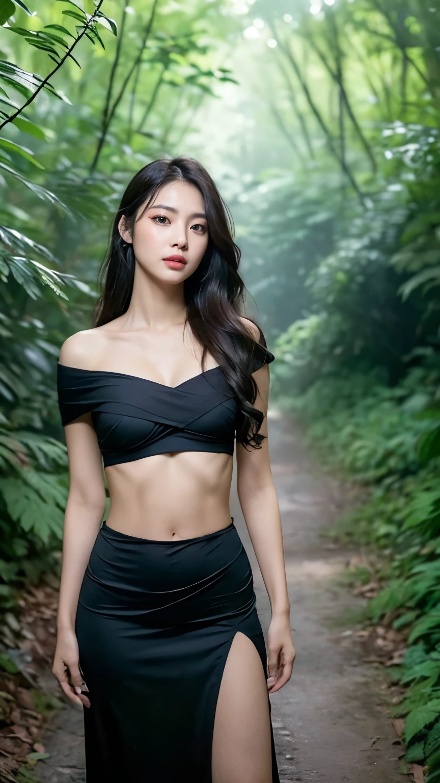 ((Realistic lighting, best qualtiy, 8k, tmasterpiece:1.3)), sharp fokus:1.2, (((full body photo))), 1girl, Beautiful Women with Perfect Figure:1.4, ((Slim abs:1.1)), ((long black hair)), (wear a crimson dress that clings to her curves,:1.4）, ((in the dark forest with stone wall)), Ultra-fine face，Fine eyes，double eyelid，Leaks out the entire delicate breast