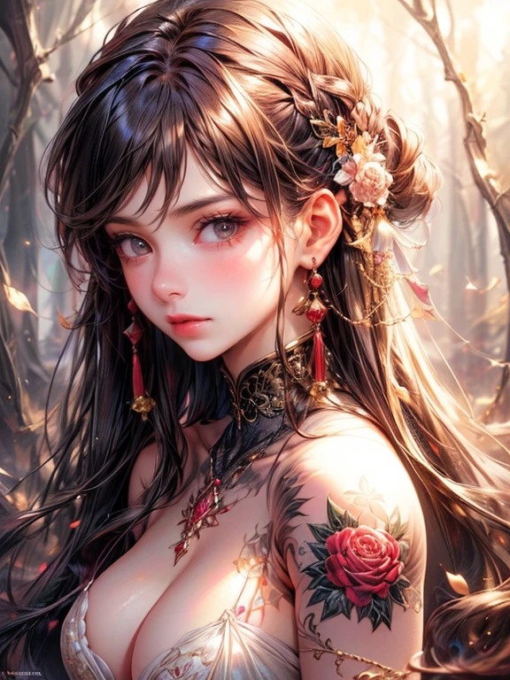 pretty girl: Asian, cute, stunningly beautiful, gorgeous;
Age: 20 years old;
hair: bronze orange color, smooth, shimmering in the sunlight, very detailed;
skin: ivory white, rosy and flawless;
eyes: pure black, ((realistic)), almond shaped, sexy, youthful, clear, super detailed, elegant, seductive, vivid makeup, sharp, ((captivating the viewer) );
eyelids: delicate, perfect beauty;
Eyebrows: arched, sparse, sharp;
face: beautiful, pure, beautiful like a fairy, delicate makeup, lovely, perfectly balanced, beautiful in every detail, delicate features, ((with tattoos));
nose: pretty, lovely, high;
Cheekbones: prominent;
lips: seductive, light red lipstick, lovely lip gloss;
teeth: moon crystal;
breasts: full, deep cleavage, firm, bra-fit, protruding nipples;
bra: bright red, gold embroidery, metallic;
body: plump, attractive, full of youth;
accessories: ruby necklace, ruby earrings;
shirt: silk fabric, red, white silk belt, ((navel exposed));
clothing: tight, (((see-through))), flattering on the chest;
underwear: bright red, ((embroidered with metallic thread)).
Fashion style: high-end women, modern 2024, luxury;
Photo quality: non-NSFW, 8K CG HD, sharp, super beautiful graphics, professional, detailed, vivid colors, super smooth, advanced techniques, super realistic RAW;
lighting: luxurious, front projection, complex, black and gold tones;
sunlight: sparkling, illuminating the girl's body;
Setting: wonderland, colorful flower garden.
(((The photo focuses on the portrait of the girl's face, surreal, super detailed, highlighting the edges under the bright sunlight))).