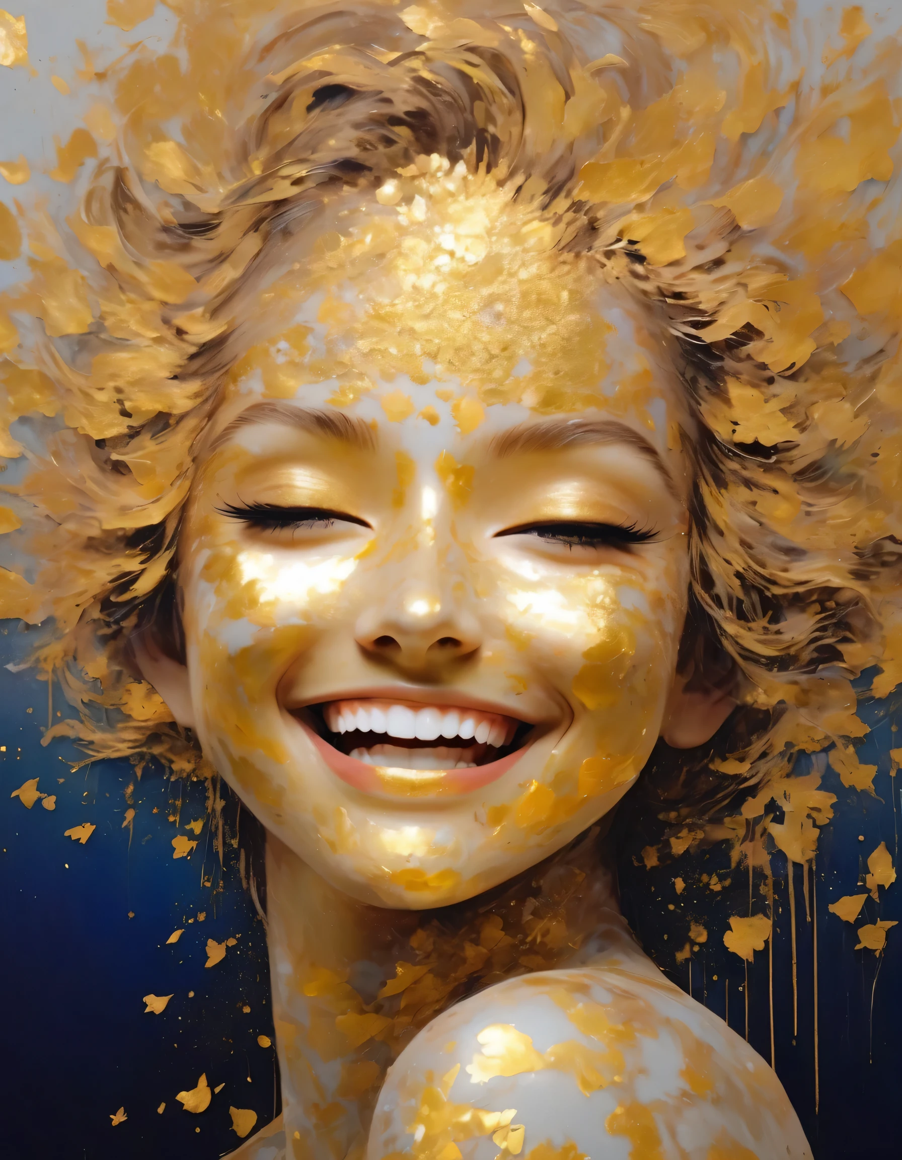Gold leaf art/Gold leaf art,A girl with a big smile,Smiling with teeth showing、Eyes closed、Barbara Takenaga Style