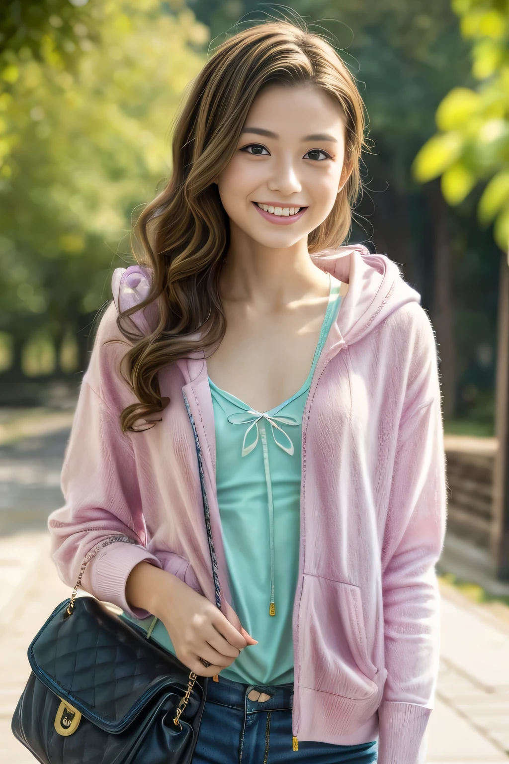 Best Quality, Masterpiece, Beautiful and Aesthetic, 16K, (HDR: 1.4), High Contrast, Bokeh: 1.2, Lens Flare, (Vivid Colors: 1.4),cinematic lighting,depth of field, film lighting, ambient light, side light, exquisite details and textures, cinematic lens, warm tones, (bright and intense: 1.2), wide-angle lens, hyper-realistic, (mideum shot), BREAK 1 girl,Japanese,22 yo,beautifull detailed face,A smile with a little visible teeth,(Slender body:1.5),((Wearing a hoodie)), BREAK pastel camisole,cargo shorts, ((Have a small handbag)), Beautiful detailed skin,Skin Texture,Floating hair,((fluffy hairstyle)),Black semi-long wavy hair,(cleavage),cheerful pose,day,daylight,outdoor,braless,