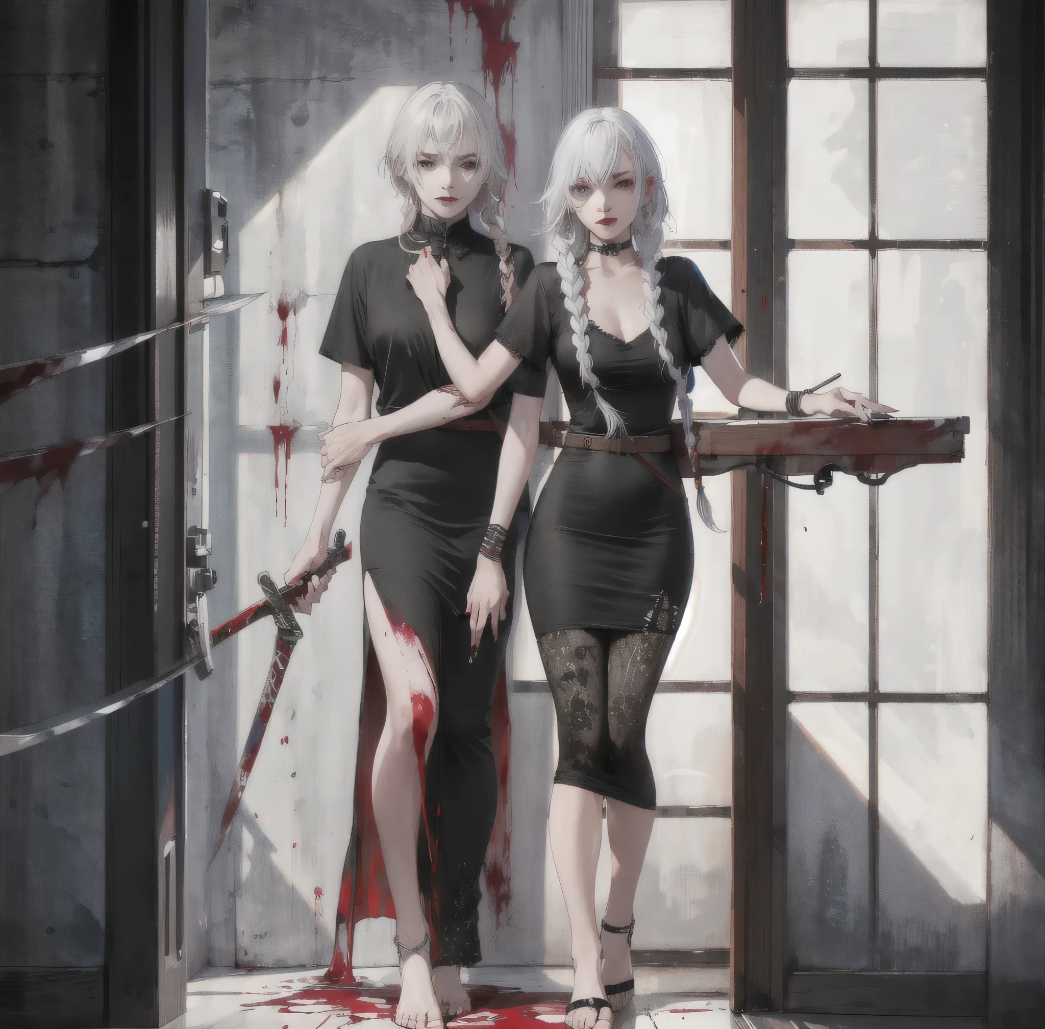 (best quality,highres,ultra-detailed:1.2),a woman with a blood-stained great sword, disheveled hairstyle, long braids, a woman with dyed white hair, 28 years old, wearing a black short-sleeved dress, lace at the hem., alluring atmosphere, charming, beautiful, blood pool at her feet, ((There was blood on my face.:0.8))