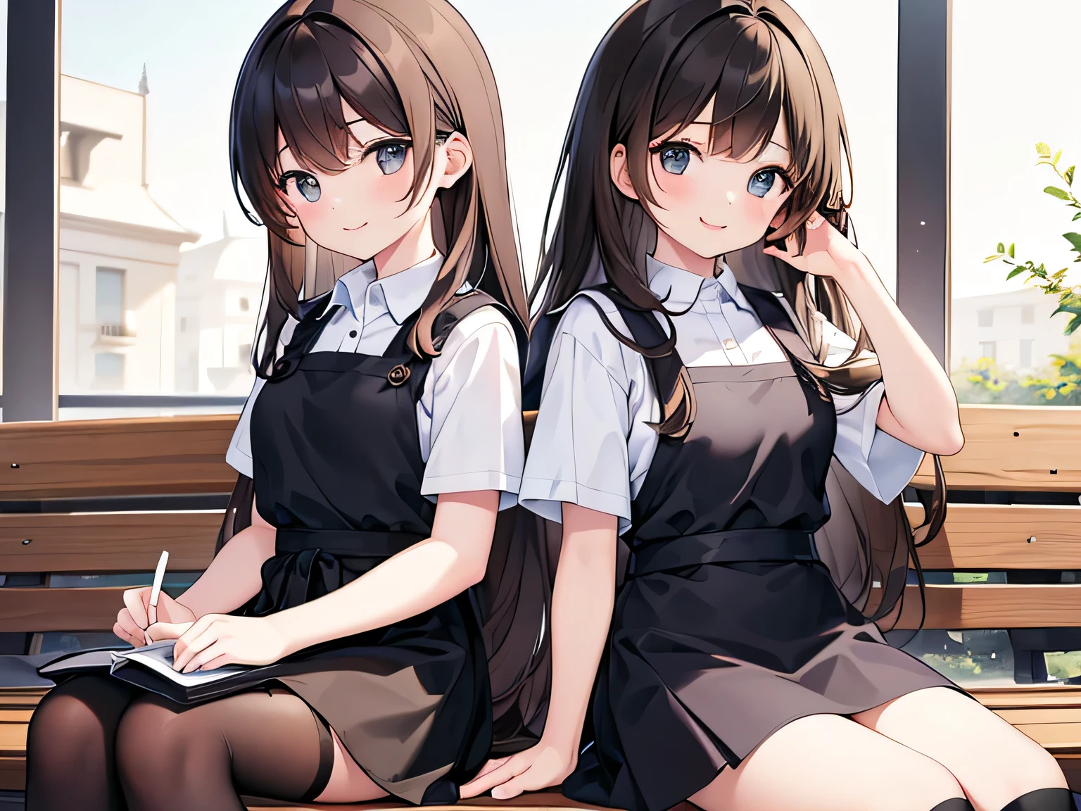 (masterpiece、highest quality、High resolution、Realistic photo、Real looking skin:1.1)、
(Two women are sitting on a bench in a cafe:1.5)、
(Both of them are smiling with satisfaction.:1.5)、
(The first one is a high school girl.、In a white dress shirt and a grey uniform miniskirt、Wearing navy blue knee-high socks、It's short black hair:1.8)、
(The second one is a female college student.、White polo shirt and black mini skirt、Wearing black knee-high socks、She has long brown hair.:1.8)、
(Both of them are wearing matching simple black bib-type aprons.:1.8)、
(The location is a bench in a beautiful cafe.:1.5)、
Full Body Esbian、Beautiful Eyes、Shining Eyes、Shining thighs、NSFW