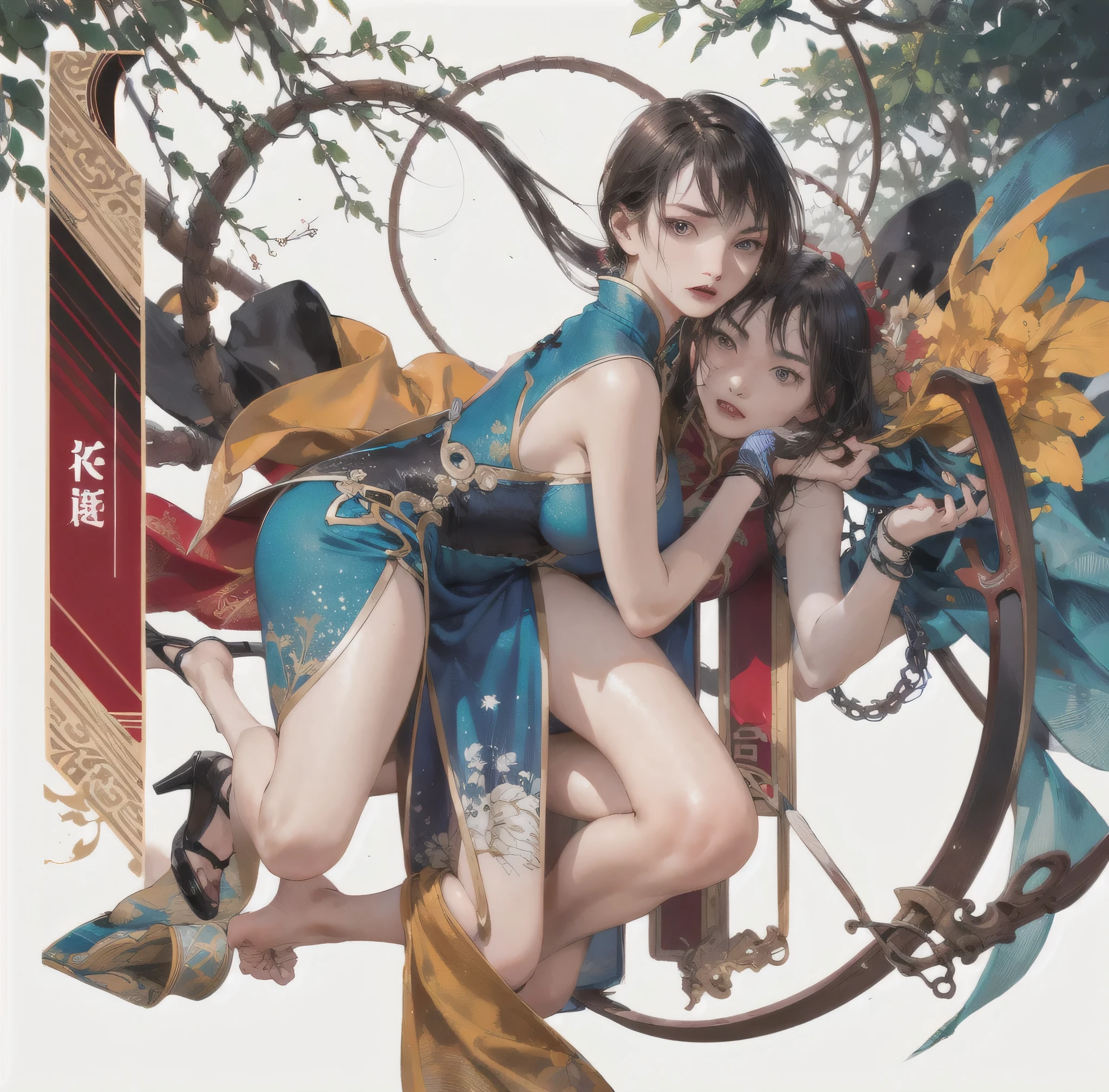 Stick Fighter, Chinese women, 22 years old, A gorgeously embroidered Chinese dress, Sensual, Disheveled Hair, Expressing agility,whole body, Leaning forward, Attacking from a crouching position,