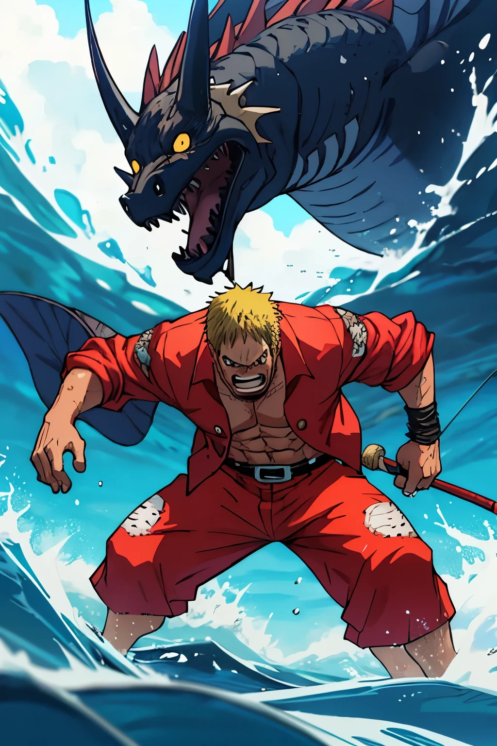 One Piece, males fighter badass caractere with fishing rod, fighting position against Sea Beast, detailed face, detailed clothes, fish
