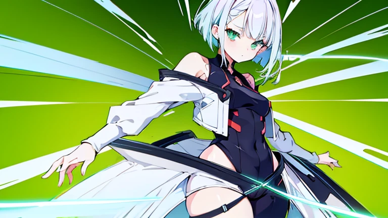 Anime Style,highest quality, masterpiece,green and white hair, iris,Simple Background,One Girl, Exciting movement,Classic