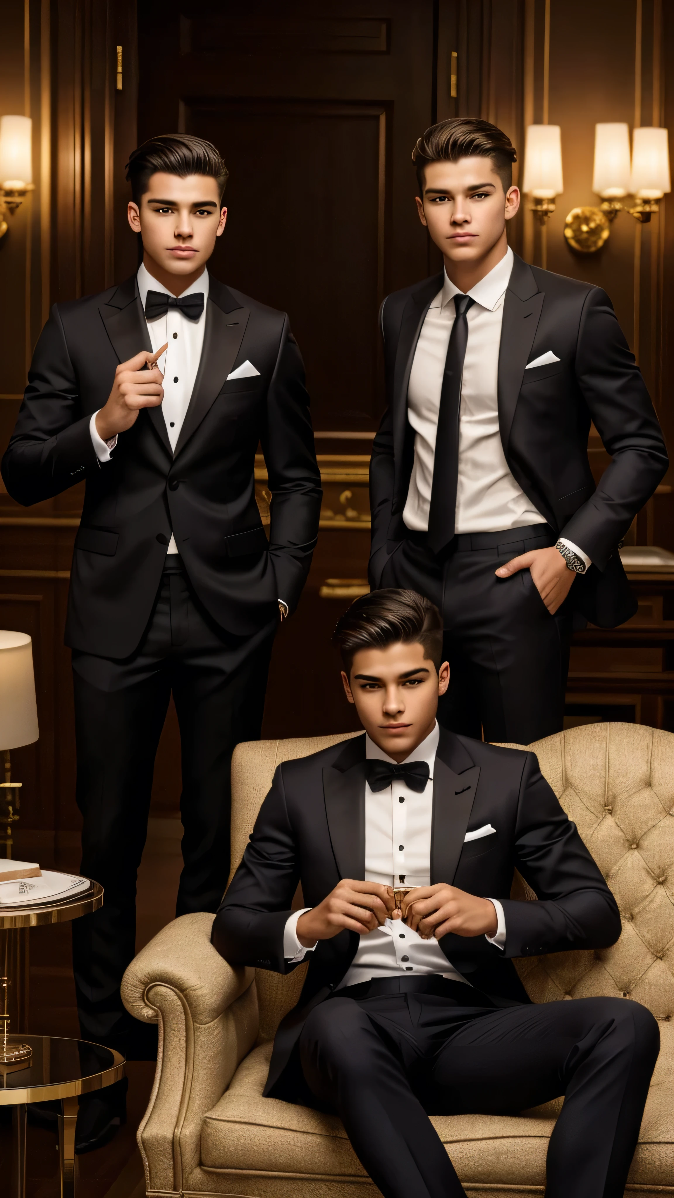 Three 18-year-old boys with a masculine appearance, wearing a suit, one smoking cigars. The scene depicts a masterpiece of art, showcasing the boy's professional and wealthy lifestyle. The image is of the best quality, with ultra-detailed features. The color tone is rich and vibrant, with studio lighting accentuating every detail. detailed legs, detailed face, detailed fingers