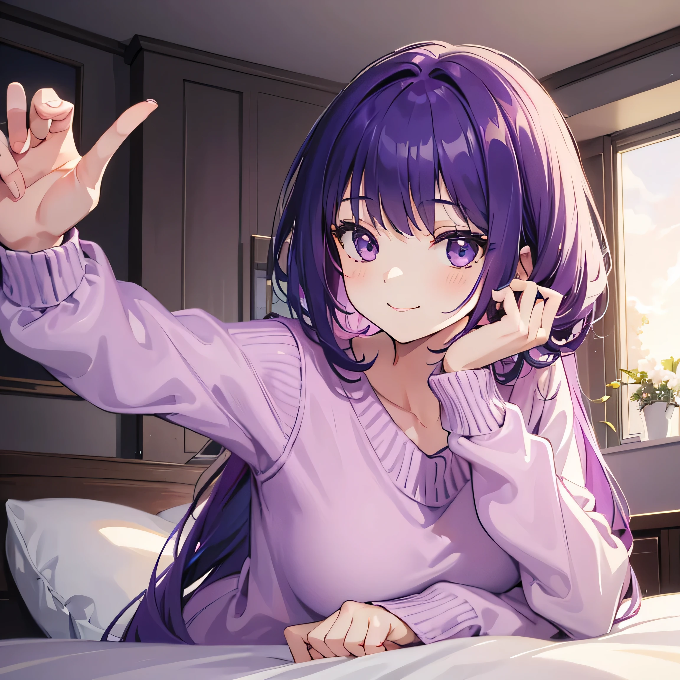 (T Masterpiece,4k wallpaper,Best Quality))、((girl1people))、(solo)、Bright and Brilliant,(Purple Hair)、(Shortcuts:1.3)、smile、Bedroom、sweater、morning