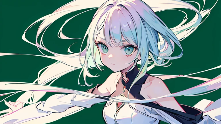 Anime Style,highest quality, masterpiece,green and white hair, iris,Simple Background,One Girl, fluid movement,Classic