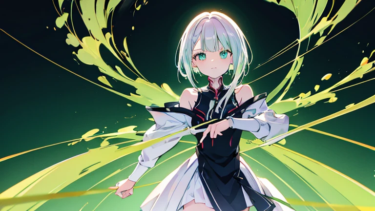 Anime Style,highest quality, masterpiece,green and white hair, iris,Simple Background,One Girl, fluid movement,Classic