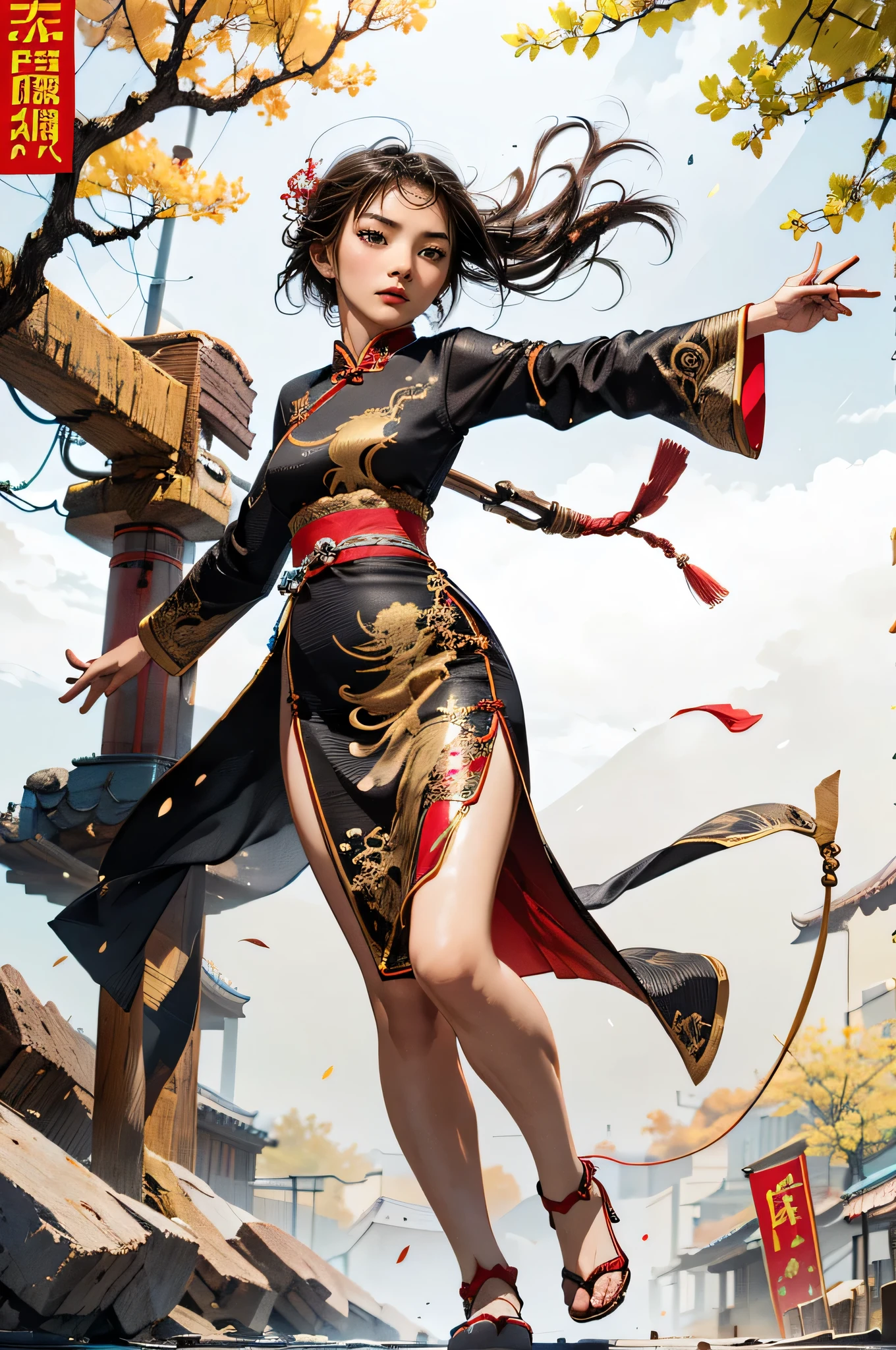 Stick Fighting Master, Chinese women, 22 years old, A gorgeously embroidered Chinese dress, Sensual, Disheveled Hair, Expressing agility,whole body,