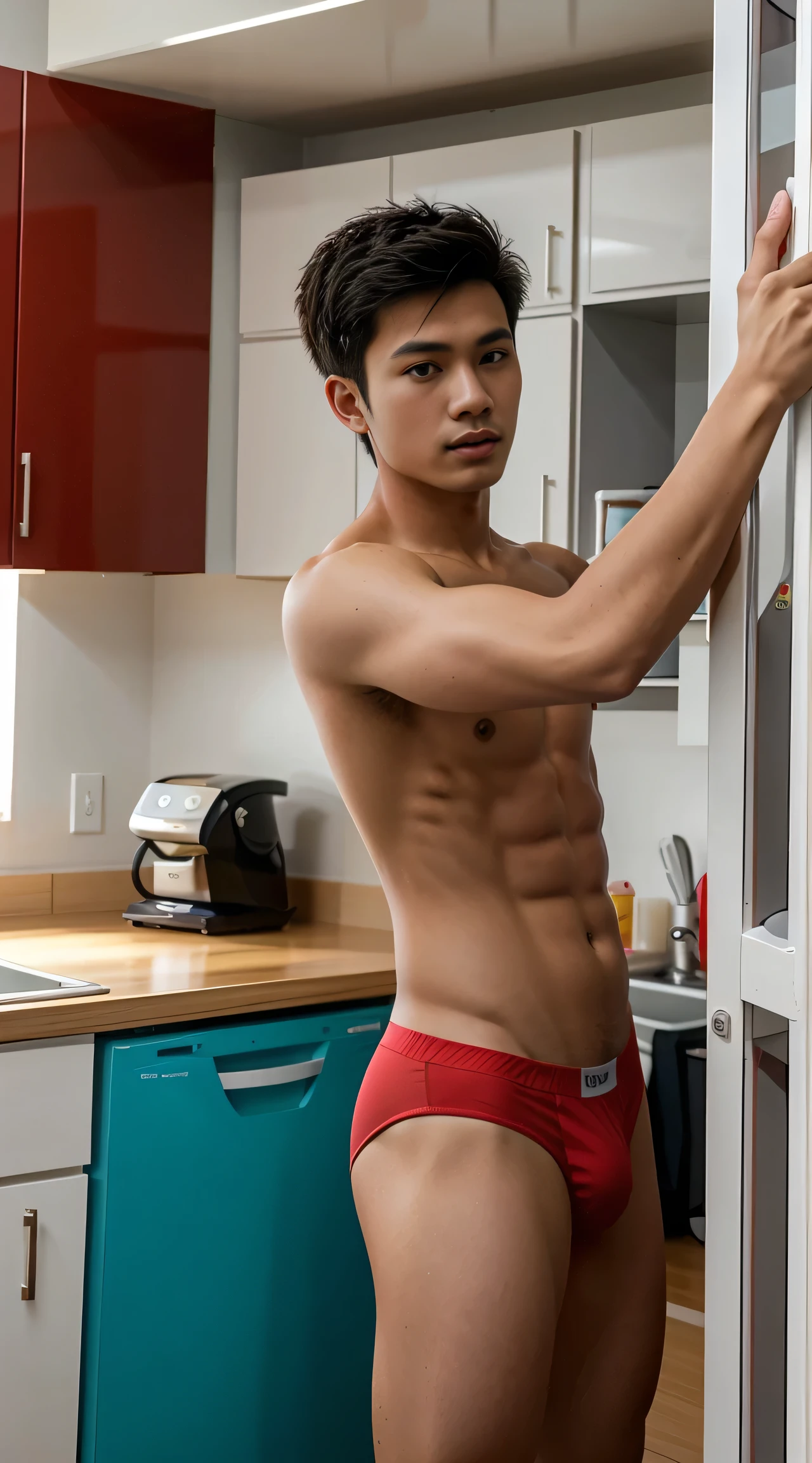 Handsome young man, 2 people, Thai person,ager, Opening the refrigerator ,Not wearing a shirt, Wear red underwear, handsome ,skinny young man, in the kitchen,Sharp interior