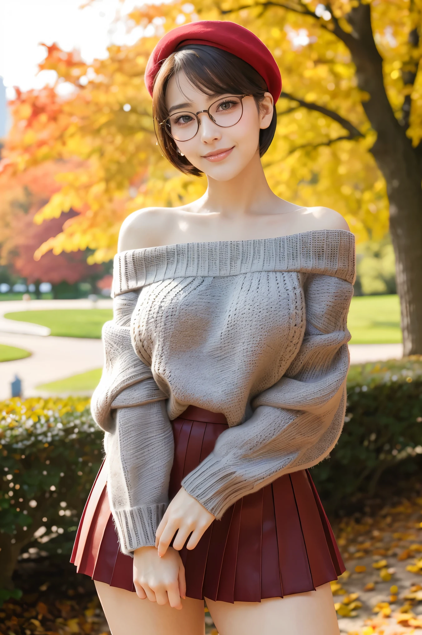 (highest quality、Tabletop、8k、Best image quality、Award-winning works)、One beautiful woman、(alone:1.1)、Perfect beautiful composition、(Accentuate your body lines:1.1)、clavicle、( Berry short cut hair:1.1)、(The perfect brown off-the-shoulder knit sweater:1.2)、(Grey Beret:1.1)、(Bare arms:1.2)、Exposed bare shoulders、(Classy and perfect round glasses:1.2)、(Too big breasts:1.4)、(Elegant Checked Melton Skirt:1.2)、(A wrinkle-free and elegant tight skirt:1.1)、(Full body photo:1.1)、Look at me and smile、(Accurate city park background with strong blur:1.1)、(Landscape of the park in autumn:1.1)、(The autumn leaves in the background are blurred:1.1)、Standing Elegantly、Droopy eyes、Natural Makeup、Ultra-high definition beauty face、Ultra HD Hair、Ultra high resolution glowing eyes、Super high quality glossy lip、(Accurate anatomy:1.1)、(very bright and vivid:1.1)