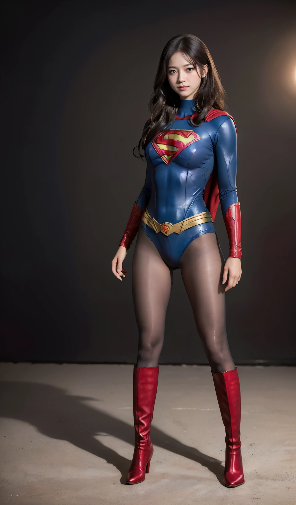 No background、(((Beautiful legs in black tights.)))、(((Legally express the beauty of your smile)))、((((Make the most of your original images)))、(((Supergirl Costume)))、(((Beautiful boyish hairstyle)))、(((suffering)))、(((Please wear black tights....、Wear red boots)))、((Best image quality、8k))、((highest quality、8k、masterpiece:1.3))、(((Preserve background )))、Sharp focus:1.2、Beautiful woman with perfect figure:1.4、Slim Abs:1.2、Wet body:1.5、Highly detailed face and skin texture、8k
