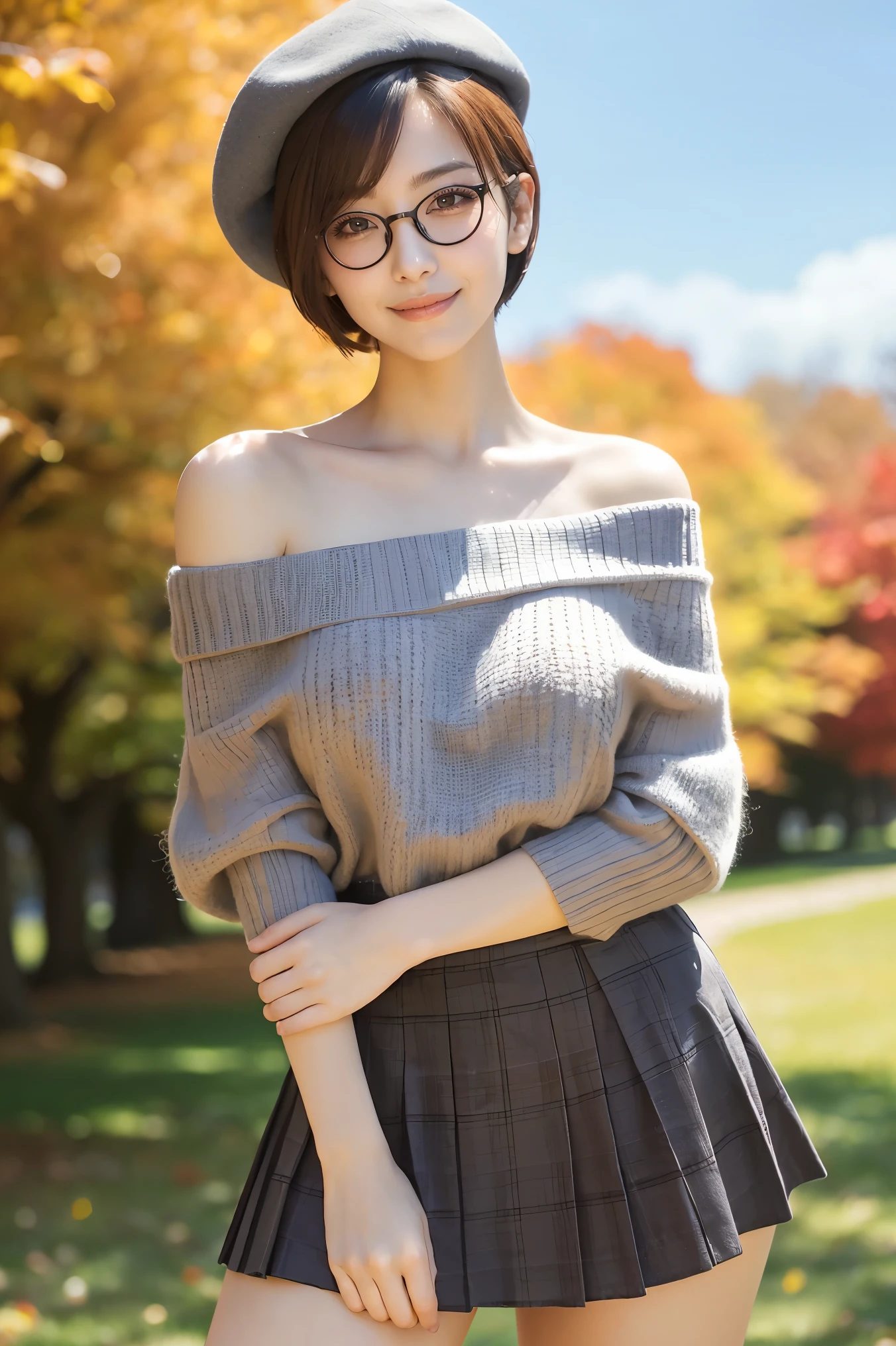 (highest quality、Tabletop、8k、Best image quality、Award-winning works)、One beautiful woman、(alone:1.1)、Perfect beautiful composition、(Accentuate your body lines:1.1)、clavicle、( Berry short cut hair:1.1)、(The perfect brown off-the-shoulder knit sweater:1.2)、(Grey Beret:1.1)、( arms:1.2)、  shoulders、(Classy and perfect round glasses:1.2)、(Too big breasts:1.4)、(Elegant Checked Melton Skirt:1.2)、(A wrinkle-free and elegant tight skirt:1.1)、(Full body photo:1.1)、Look at me and smile、(Accurate city park background with strong blur:1.1)、(Landscape of the park in autumn:1.1)、(The autumn leaves in the background are blurred:1.1)、Standing Elegantly、Droopy eyes、Natural Makeup、Ultra-high definition beauty face、Ultra HD Hair、Ultra high resolution glowing eyes、Super high quality glossy lip、(Accurate :1.1)、(very bright and vivid:1.1)