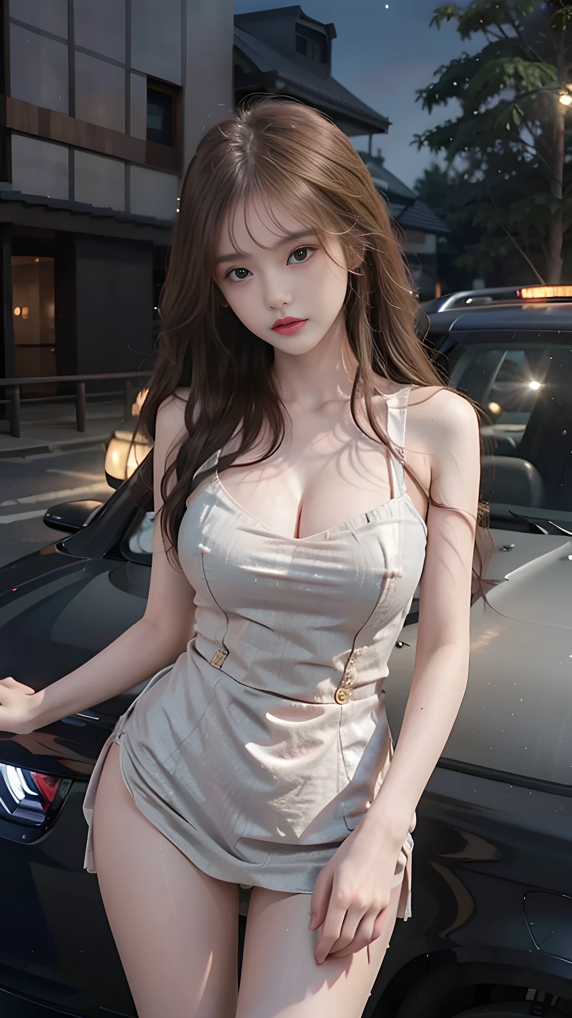 full hd 8k, Girl standing in front of a dark night scene, full moonlight reflecting on her beautiful face. Her long, silky hair was gently blown by the night wind, creating a gentle and romantic feeling. Next to her is a luxury car, showing her success and class. She looked up at the starry sky, as if searching for something, her eyes showed contemplation and loneliness. The full moon shines in the night sky creating a beautiful scene. The girl has long, silky hair, creating a luxurious and noble beauty. The moonlight shines on the girl's delicate face, highlighting her large, round light brown eyes, creating a natural, gentle beauty. She wore a shirt and short jeans, short jeans, showing off her seductive and luxurious beauty. Her plumble breasts were exposed, revealing her plumble and extremely sexy breasts. These images capture detailed panoramic portraits and views of the sky and cars. All create a beautiful, wonderful picture that makes people unable to take their eyes off the scene. All these details are described clearly and sharply,